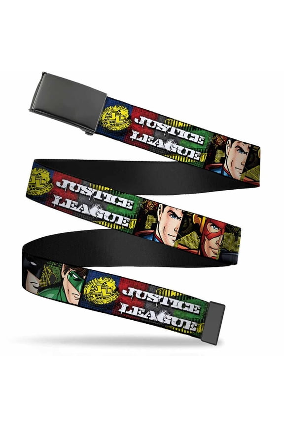 Blank Black 1.25" Buckle Justice League Logo 4 Superhero Panels Pop Art Web Belt 1.25" Wide