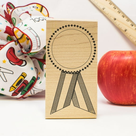 Blank Blue Ribbon Art Rubber Stamp, Laser Engraved Craft Stamp on Wood Mounted Block, Size 1-3/4” x 1-3/4”, Made in USA