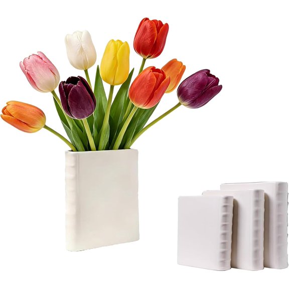Blank Book Vase, Unique Blank Book Shaped Flower Vase, White Ceramic Book Vase, Art Decor Style Piece, for Home Decor,Bookshelf,Desk,or Table Centerpiece (M(7 * 5.7ins))