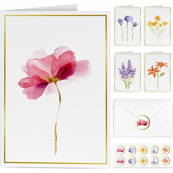 Blank Cards, 30 Pack Greet Elegant Gold Foil Note with Envelopes, Perfect Stationary Set For All Occasions, 5 Assorted Floral Designs