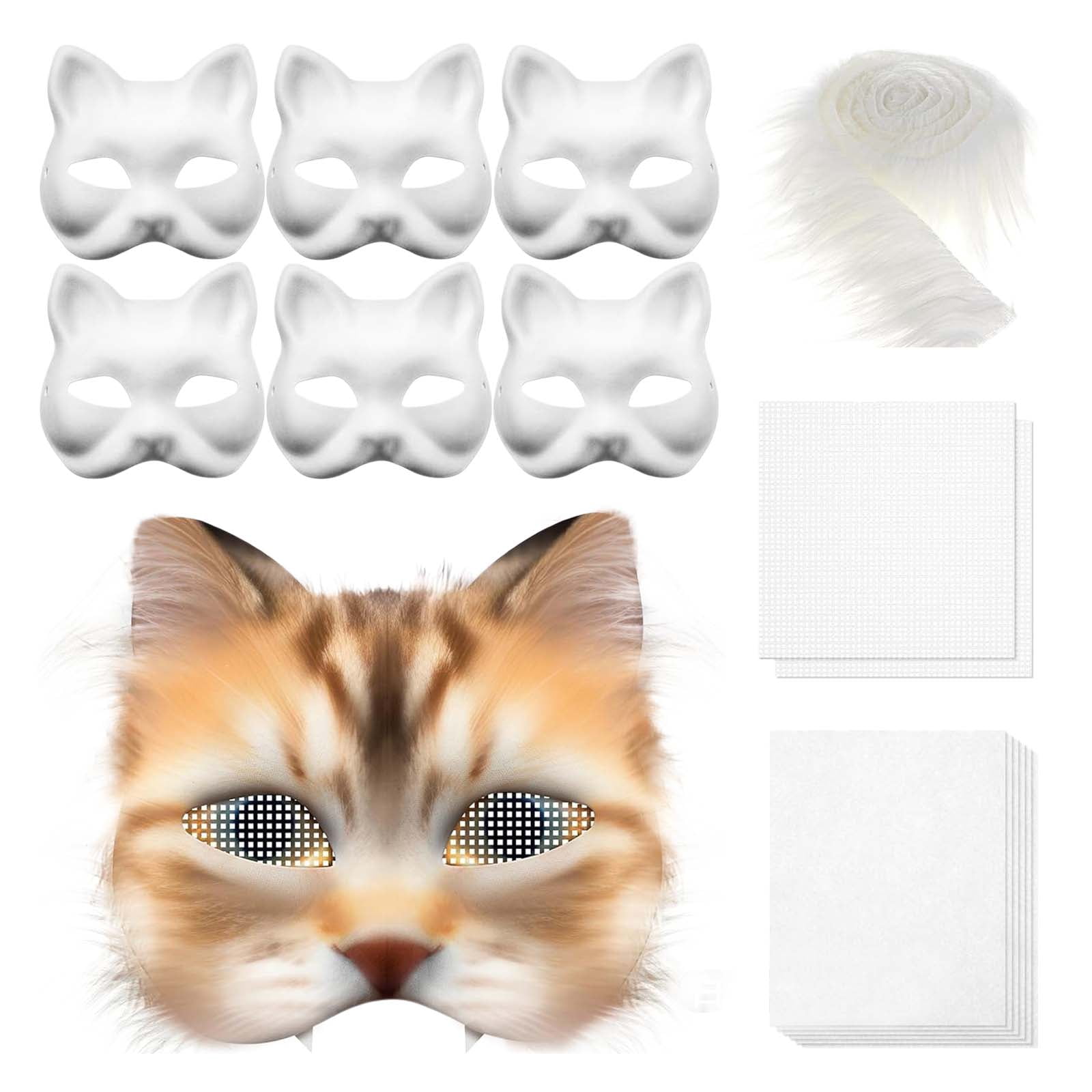 Toyvian 3Pcs White Cat Masks - Blank Unpainted Half Face Masks For DIY, Cosplay, Halloween, Parties
