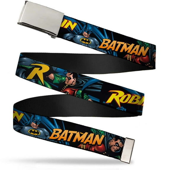 Blank Chrome 1.0" Buckle Batman & Robin In Action W Text Black Webbing Web Web Belt 1.0" Wide