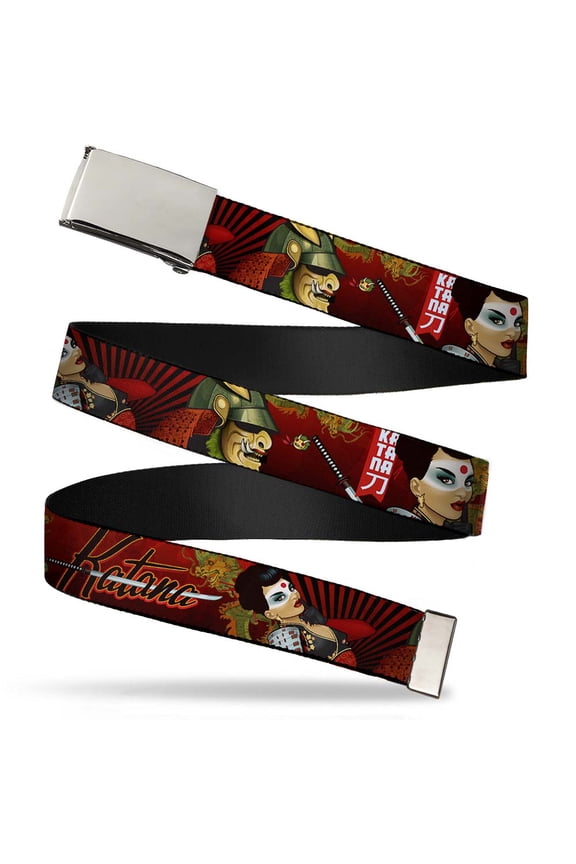 Blank Chrome 1.25" Buckle Katana Bombshell Poses & Samurai Dragons Rays Web Belt 1.25" Wide