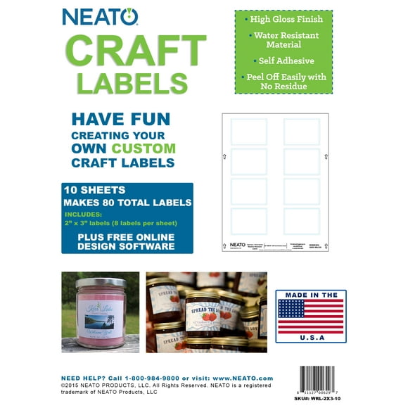 Blank Craft Labels - High Gloss, Vinyl, Water Resistant, 2" X 3" - 10 Sheets - 80 Labels