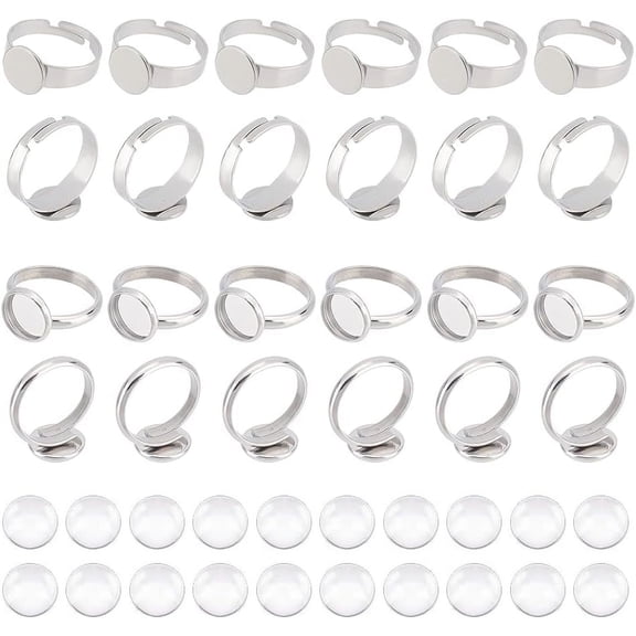 Blank Dome Ring Making Kit Including Adjustable 304 Stainless Steel Finger Rings Components Half Round Glass Cabochons Stainless Steel Color 80Pcs/box