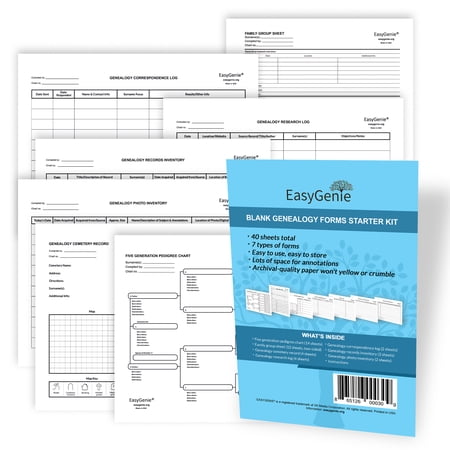 Blank Genealogy Charts & Forms Starter Kit (7 types/40 sheets)