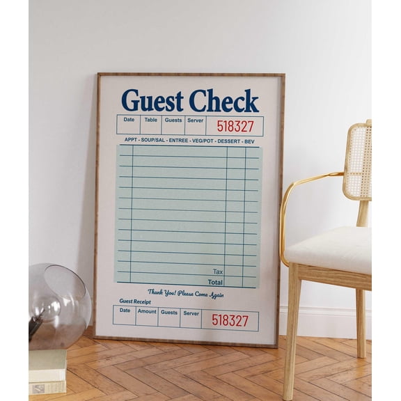 Blank Guest Check Giant Retro Blue Receipt Wall Decor Art for Guest Signing