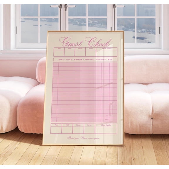 Blank Guest Check Pink Retro Art Print Vintage Style Blank Check Aesthetic Preppy Art