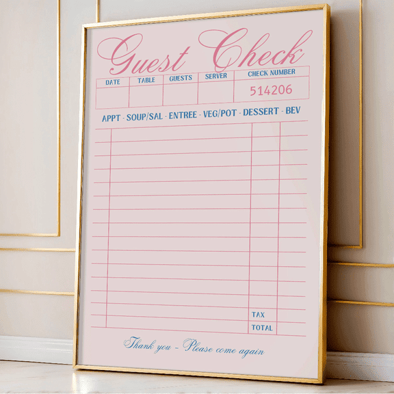 Blank Guest Check Poster Vintage Pink Guest Check Wall Art Blank Gift Aesthetic Preppy Poster Trendy Apartment Wall Decor Retro Receipt Poster Only
