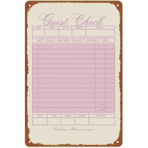Blank Guest Check Print Aluminum Metal Sign 8x12 Inch Wall Dcor for Living Room Bedroom Bathroom