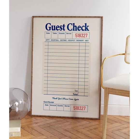 Blank Guest Check Wall Art Print, Unframed Paper Poster 16x20in
