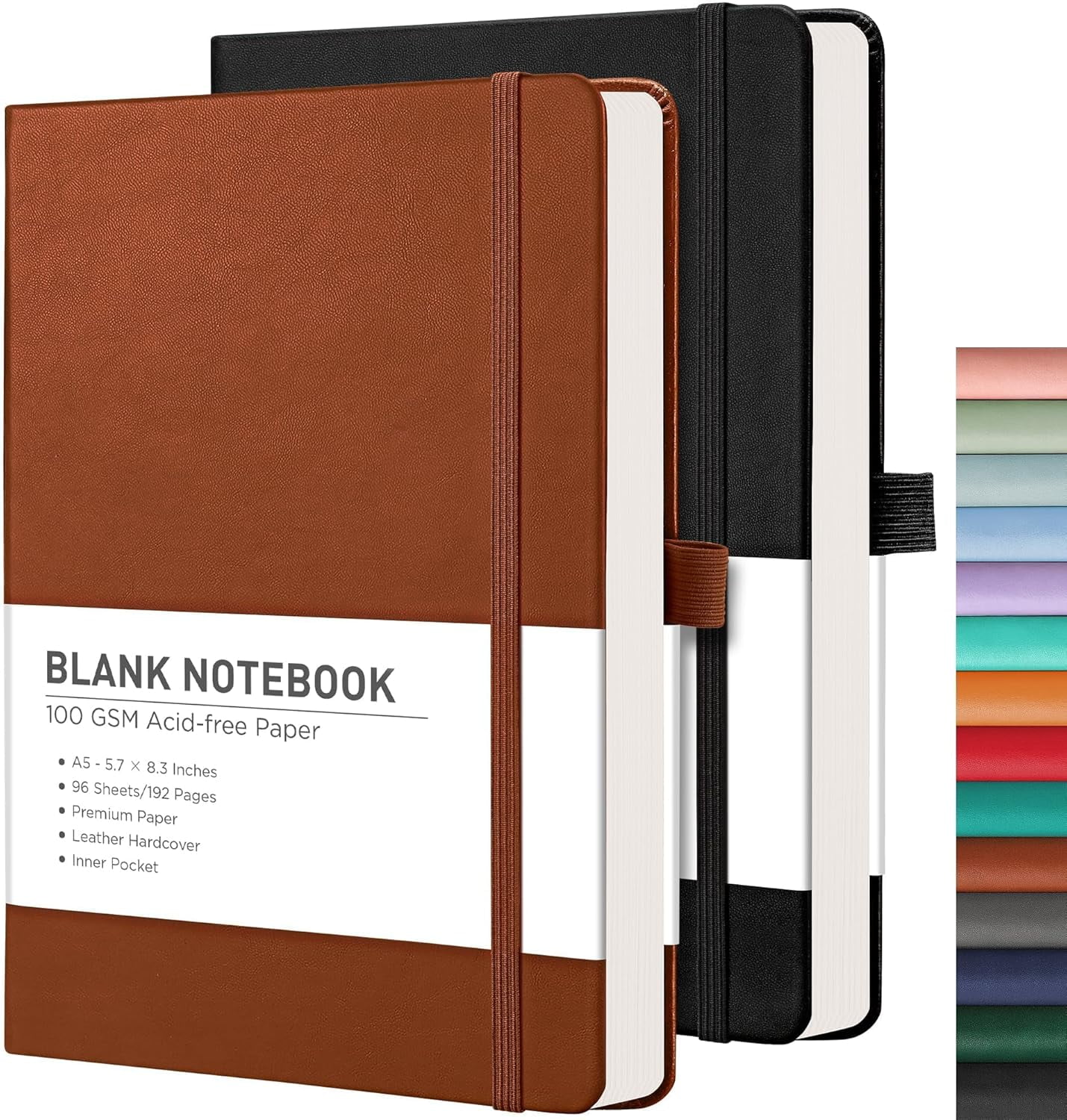 Blank Journal Notebook, 2-Pack, 192 Pages per Pack, A5 Medium Size (5.7'' x 8.3''), Leather Hardcover, 100 GSM Thick Paper, for Sketching, Drawing, Painting (Black & Brown)