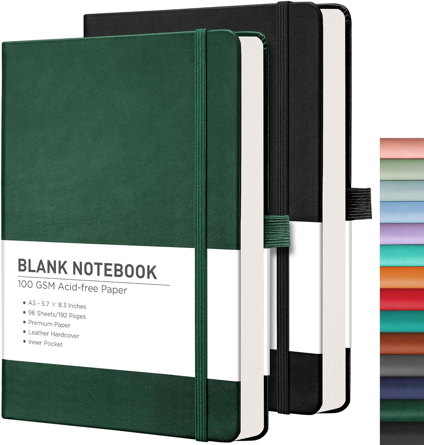 Blank Journal Notebook, 2-Pack, 192 Pages per Pack, A5 Medium Size (5.7'' x 8.3''), Leather Hardcover, 100 GSM Thick Paper, for Sketching, Drawing, Painting (Black & Dark Green)