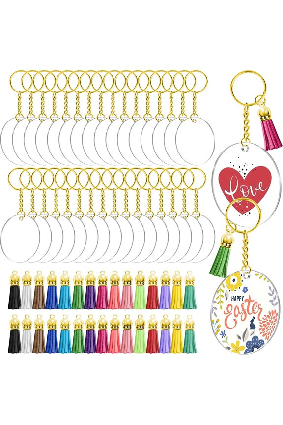Blank Keychain Set, 120pcs Including Acrylic Discs, Tassels, Gold Keychains and Jump Rings for DIY Craft Kit