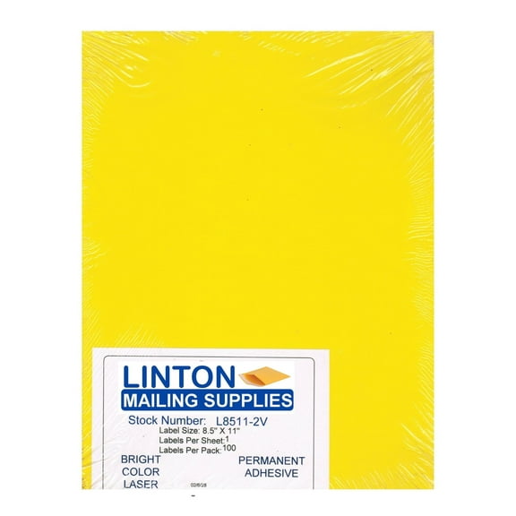 Blank Laser Labels, Bright Yellow, 8.5" x 11", Full Sheet, Peel and Stick, Perm Adhesive - 100 Label Sheets Per Pack