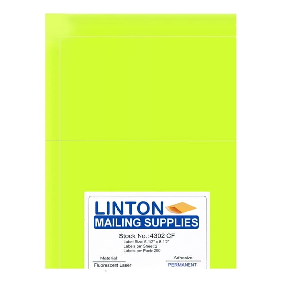 Blank Laser Labels, Fluorescent Chartreuse, 5.5" x 8.5", 2 Labels Per Sheet (8.5" x 11"), Peel and Stick, Perm Adhesive - 100 Sheets (200 Labels) Per Pack