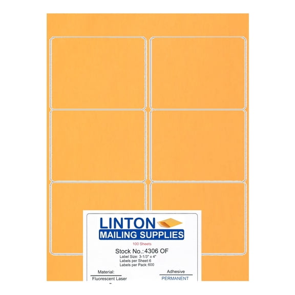 Blank Laser Labels, Fluorescent Orange, 3-1/3" x 4", 6 Labels Per Sheet (8.5" x 11"), Peel and Stick, Perm Adhesive - 100 Sheets (600 Labels) Per Pack