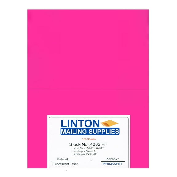Blank Laser Labels, Fluorescent Pink, 5.5" x 8.5", 2 Labels Per Sheet (8.5" x 11"), Peel and Stick, Perm Adhesive - 100 Sheets (200 Labels) Per Pack