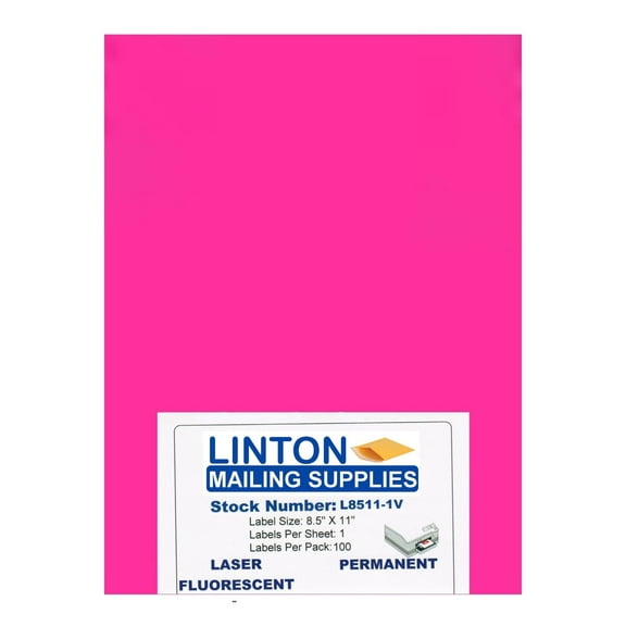 Blank Laser Labels, Fluorescent Pink, 8.5" x 11", Full Sheet, Peel and Stick, Perm Adhesive - 100 Label Sheets Per Pack