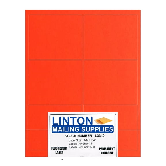 Blank Laser Labels, Fluorescent Red, 3-1/3" x 4", 6 Labels Per Sheet (8.5" x 11"), Peel and Stick, Perm Adhesive - 100 Sheets (600 Labels) Per Pack