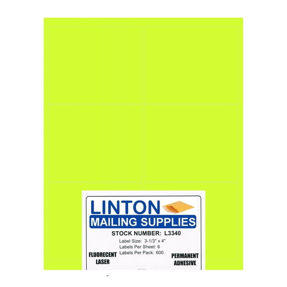 Blank Laser Labels, Fluorescent Yellow, 3-1/3" x 4", 6 Labels Per Sheet (8.5" x 11"), Peel and Stick, Perm Adhesive - 100 Sheets (600 Labels) Per Pack