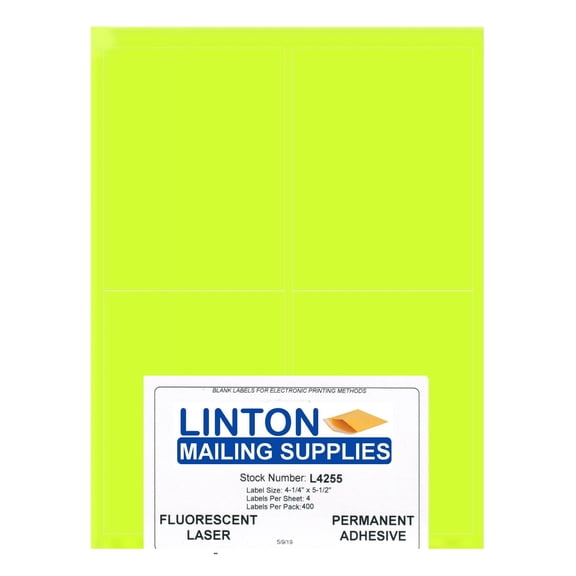 Blank Laser Labels, Fluorescent Yellow, 4-1/4" x 5-1/2", 4 Labels Per Sheet (8.5" x 11"), Peel and Stick, Perm Adhesive - 100 Sheets (400 Labels) Per Pack