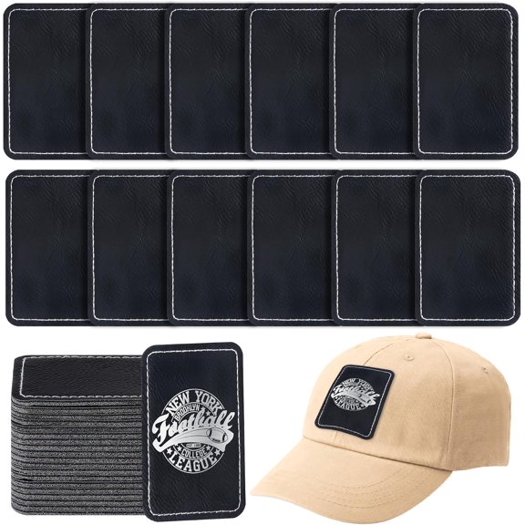 Blank Leather Patches for Hats - Iron On Leatherette Patches for Laser Engraving Blanks, Custom Hat Patch Heat Press Supplies for DIY Repair and Decoration (60 Pcs, Black Silver)