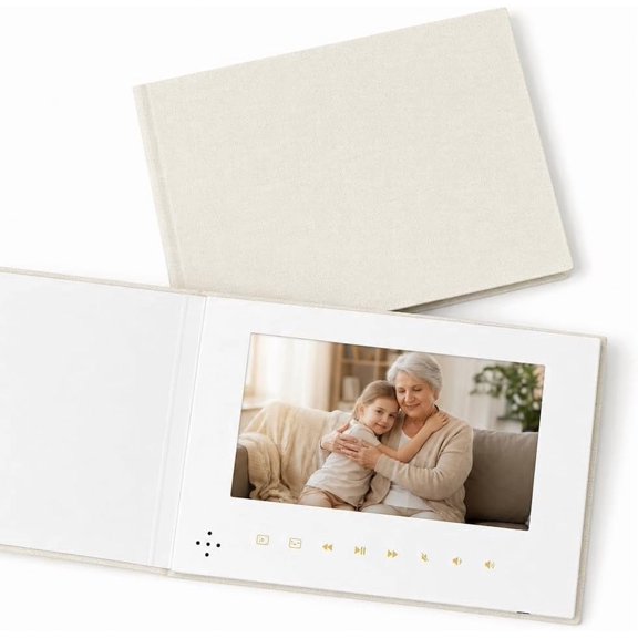 Blank Linen Video Book with 7 Inch IPS Screen, 4GB Memory, Rechargeable for Videos and Photos, Keepsake Gift, Beige