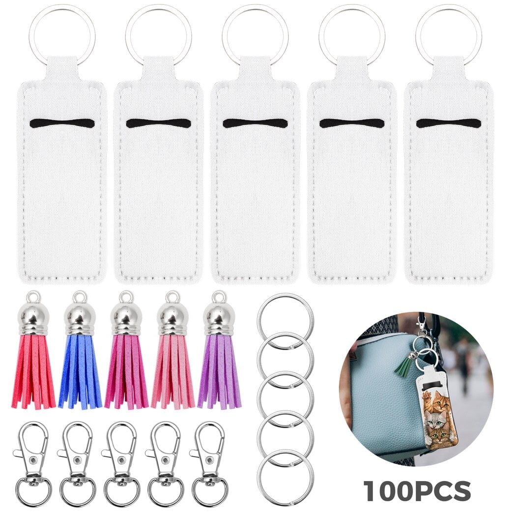 Blank Lipstick Holder Keychain Set, 100Pcs Chapstick Pendants Kit