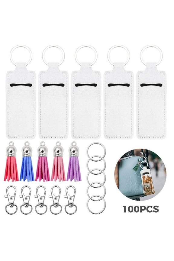 Blank Lipstick Holder Keychain Set, 100Pcs Chapstick Pendants Kit, Includes 25 Lipstick Holders, 25 Keychains, 25 Metal Rings, 25 Tassel, for Heat Press Transfer DIY Gifts