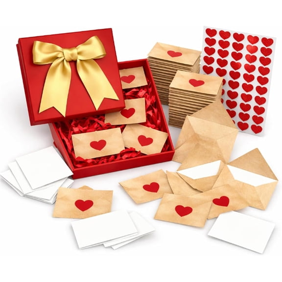 Blank Love Notes Cards & Envelopes Set - DIY Mini Valentine's Day Cards with Heart Stickers, Gift Box for Boyfriend, Girlfriend, Husband, Wife (30 Sets) P