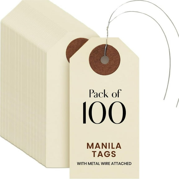 Blank Manila Shipping Tags with Pre-Attached Wire Hangers, Set of 100, Size #1, 9pt Paper Cardstock Hang Tag Label with Reinforced Eyelets, 2 3/4" x1 3/8"