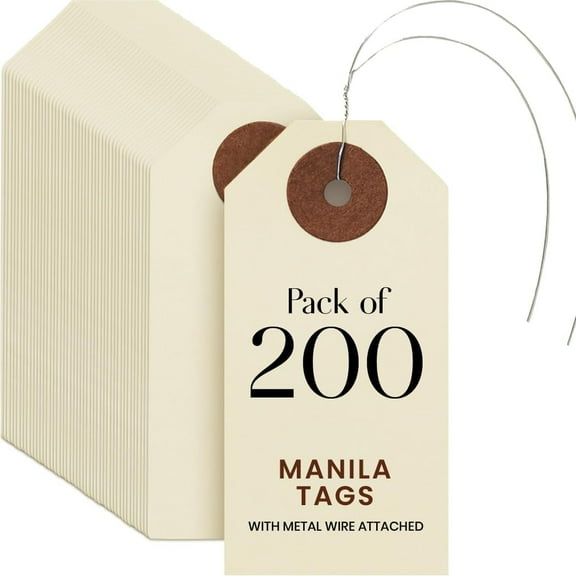 Blank Manila Shipping Tags with Pre-Attached Wire Hangers, Set of 200, Size #1, 9pt Paper Cardstock Hang Tag Label with Reinforced Eyelets, 2 3/4" x1 3/8"
