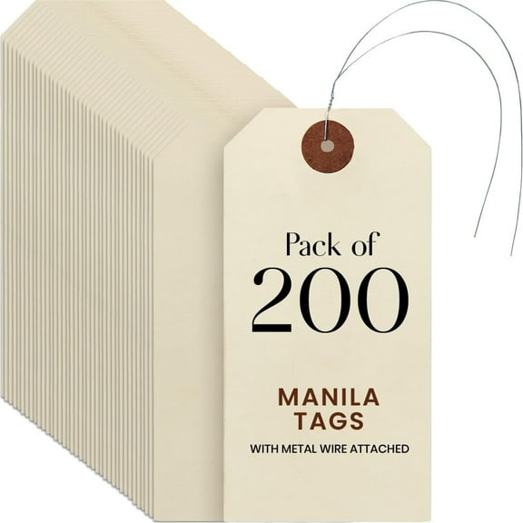 Blank Manila Shipping Tags with Pre-Attached Wire Hangers, Set of 200, Size #5, 9pt Paper Cardstock Hang Tag Label with Reinforced Eyelets, 4 3/4" x2 3/8"