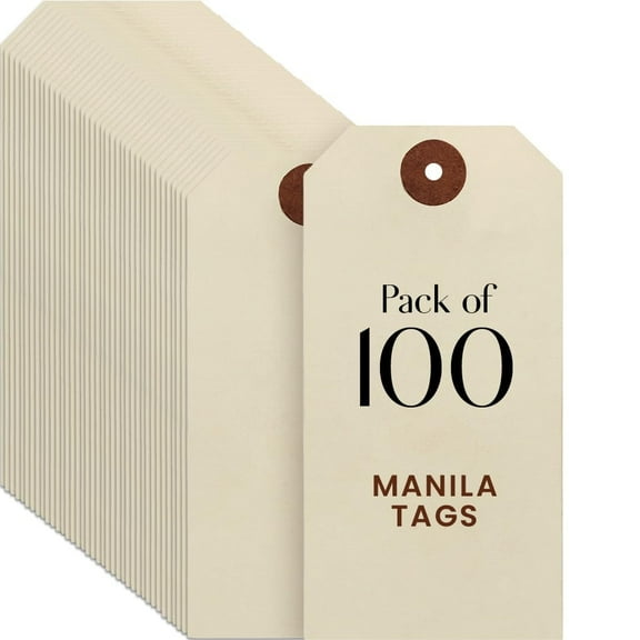 Blank Manila Shipping Tags Set of 100, Size #5, 9pt Paper Cardstock Hang Tag Label with Reinforced Eyelets, 4 3/4" x2 3/8" (No Attachments)