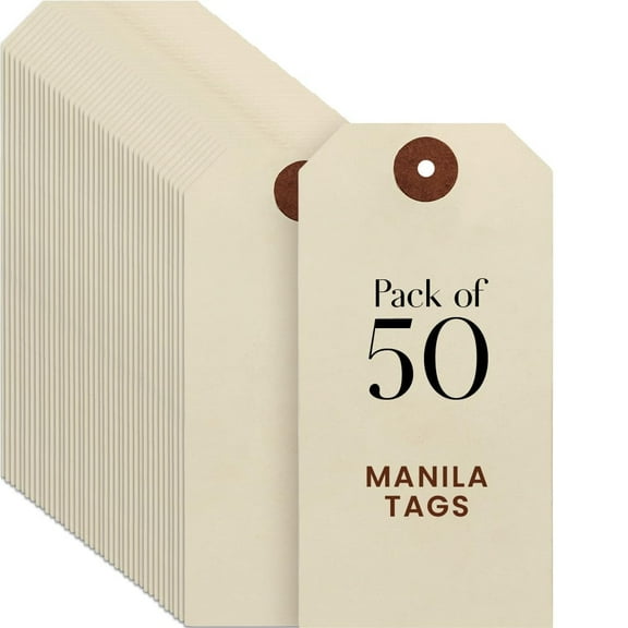 Blank Manila Shipping Tags Set of 50, Size #5, 9pt Paper Cardstock Hang Tag Label with Reinforced Eyelets, 4 3/4" x2 3/8" (No Attachments)