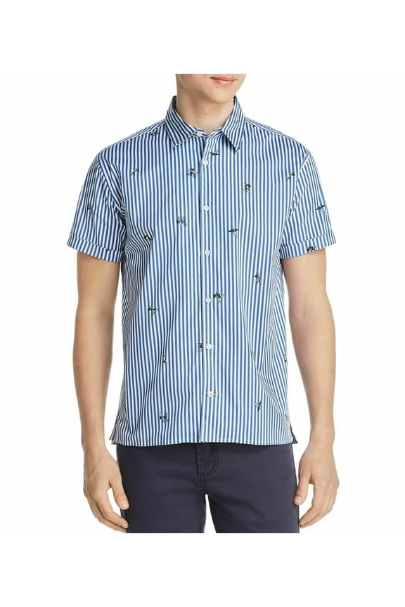 Men's Short-Sleeve Striped Surfer-Print Slim Fit Shirt Blue/White B4HP (L,Blue)