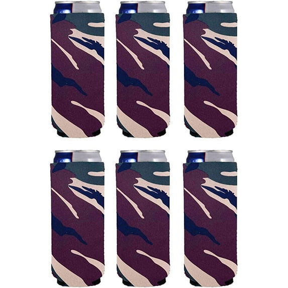 Blank Neoprene Collapsible Slim Can Coolie (6 Pack, Green Camo)