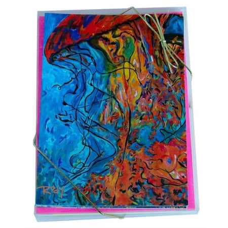 Blank Note Cards Ocean Design with Tropical Fish, Jellyfish and More, 2 Each of 4 Designs 7 Inches x 5 Inches