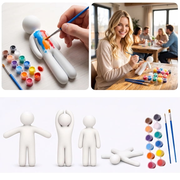 Blank Paintable Figure Toy Kit, 3D Printed DIY Art Craft Painting Set with 12 Colors Paints & 2 Brushes, Creative Funny Interactive Toy for Kids Family Game Night (A)
