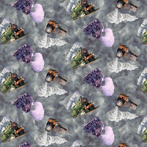 Blank Quilting Express Tracks Tossed Trains Charcoal Cotton Fabric By The Yard