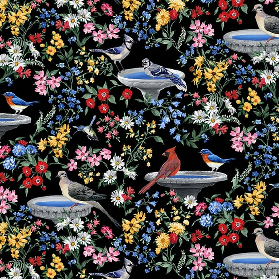 Blank Quilting Fabrics Birds of a Feather Bird Bath Black