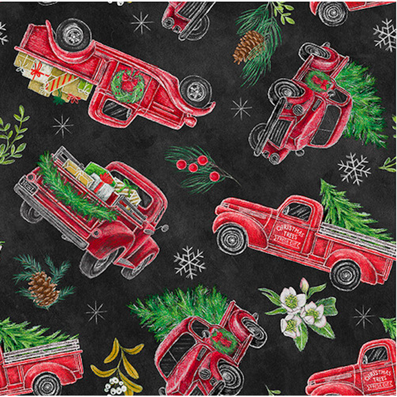 Blank Quilting Mistletoe Magic Tossed Red Trucks Black Cotton Fabric By The Yard