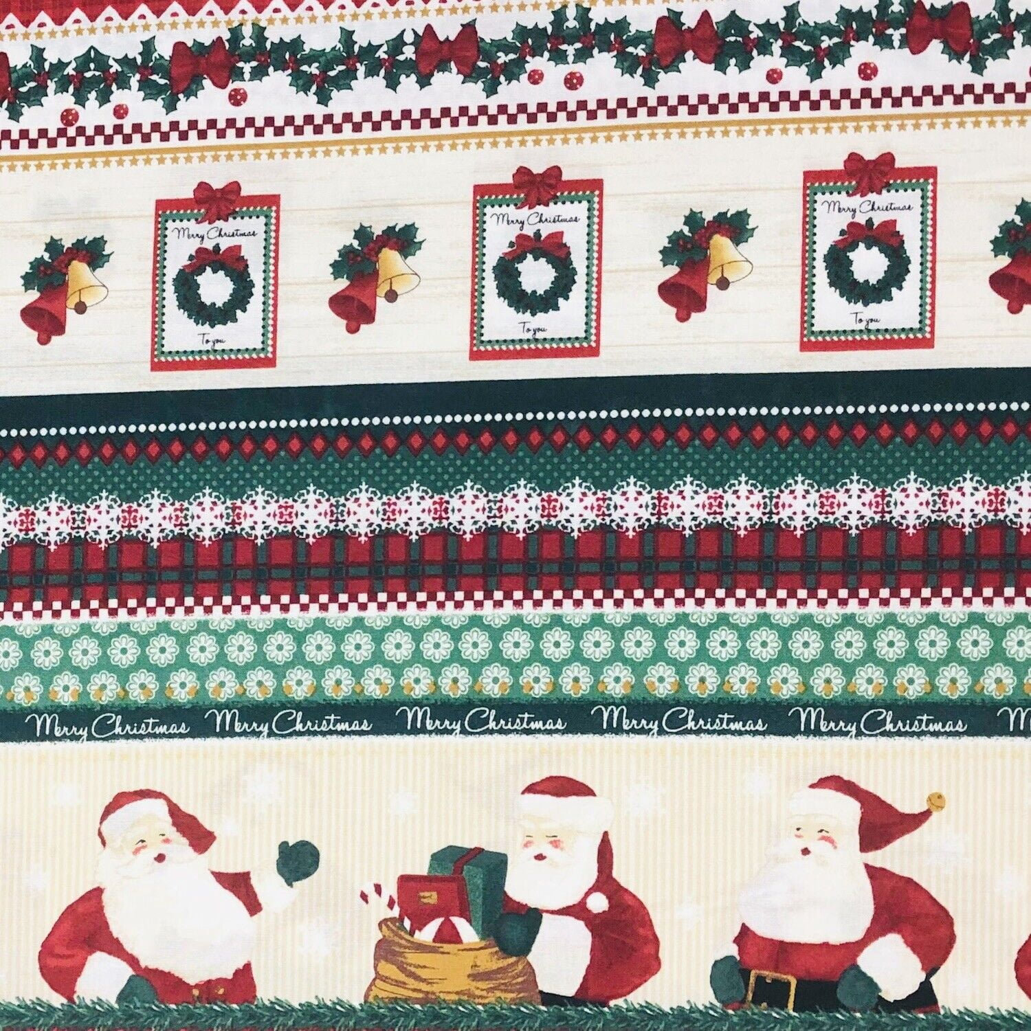 Papa Noel Christmas Stripes 100% Cotton Fabric sold by the yard