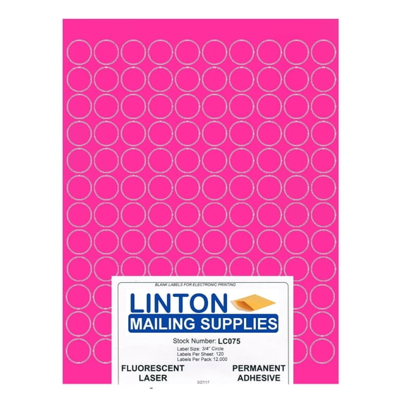 Blank Round Laser Labels, Fluorescent Pink, 3/4" Diameter, 120 Labels Per Sheet (8.5" x 11"), Peel and Stick, Perm Adhesive - 100 Sheets (12,000 Labels) Per Pack