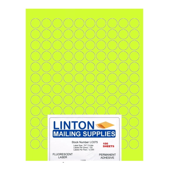 Blank Round Laser Labels, Fluorescent Yellow, 3/4" Diameter, 120 Labels Per Sheet (8.5" x 11"), Peel and Stick, Perm Adhesive - 100 Sheets (12,000 Labels) Per Pack