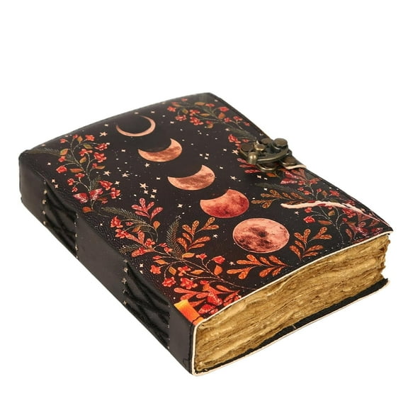 Blank Spell Book of Shadows with Lock, Vintage Leather Moon Phase Journal (7x5")