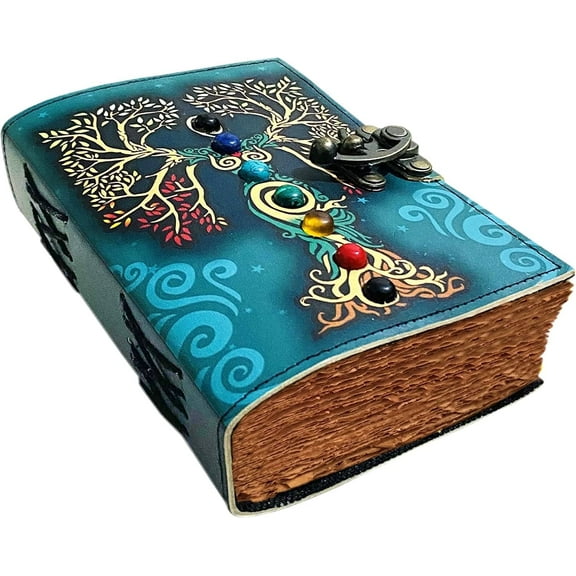 Blank Spell Book of Shadows Journal with Lock Clasp Vintage Leather Seven stone Journals Embossed Prayer Pagan Witchcraft Supplies Wiccan Gifts Witchy Gifts Women Mystic Goddess 7 x 5 inch 200 Pages
