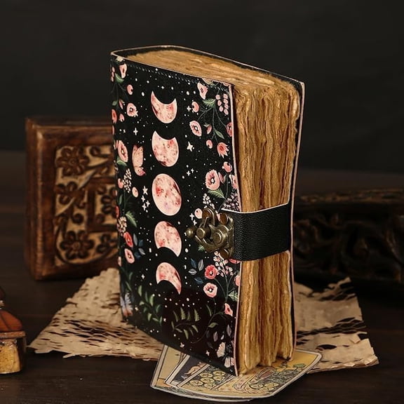 Blank Spell Book of Shadows Journal with Lock Clasp  Handmade Vintage Leather Moon Phase Print Diary for Witchcraft Supplies
