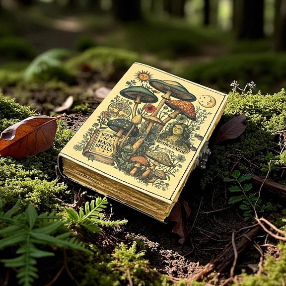 Blank Spell Book of Shadows Magic Spells Leather Journal -  Botanical Mushrooms & Celestial Sun Moon Print Diary